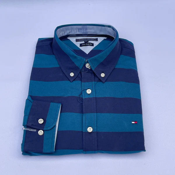 Men's Teal Blue & Navy Wide Stripe Oxford Shirt