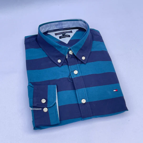 Men's Teal Blue & Navy Wide Stripe Oxford Shirt
