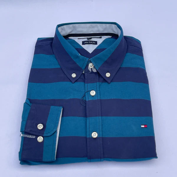 Men's Teal Blue & Navy Wide Stripe Oxford Shirt