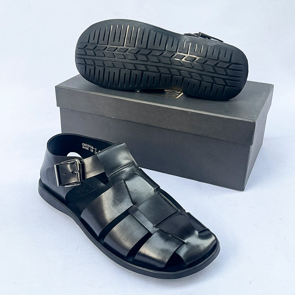 Centurion Wide-Strap Leather Fisherman Sandal – Black