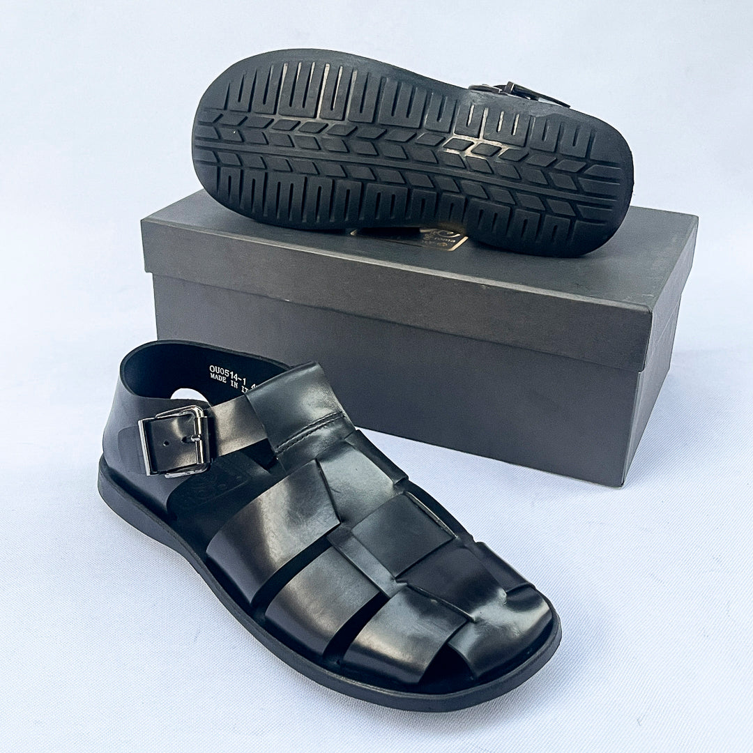 Centurion Wide-Strap Leather Fisherman Sandal – Black