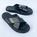 Meridian Quilted-Footbed Cross Leather Slide – Black