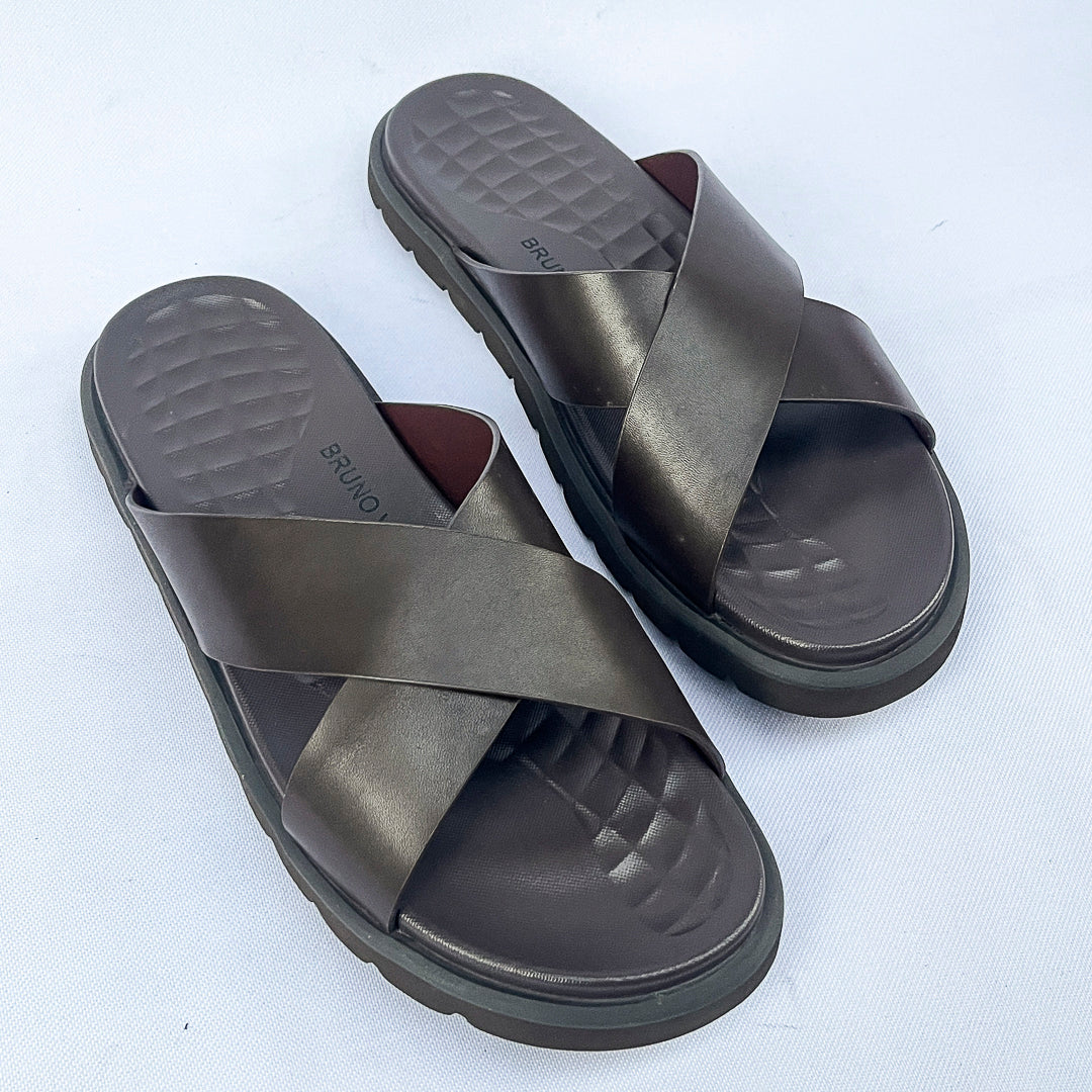 Meridian Quilted-Footbed Cross Leather Slide – Dark Brown