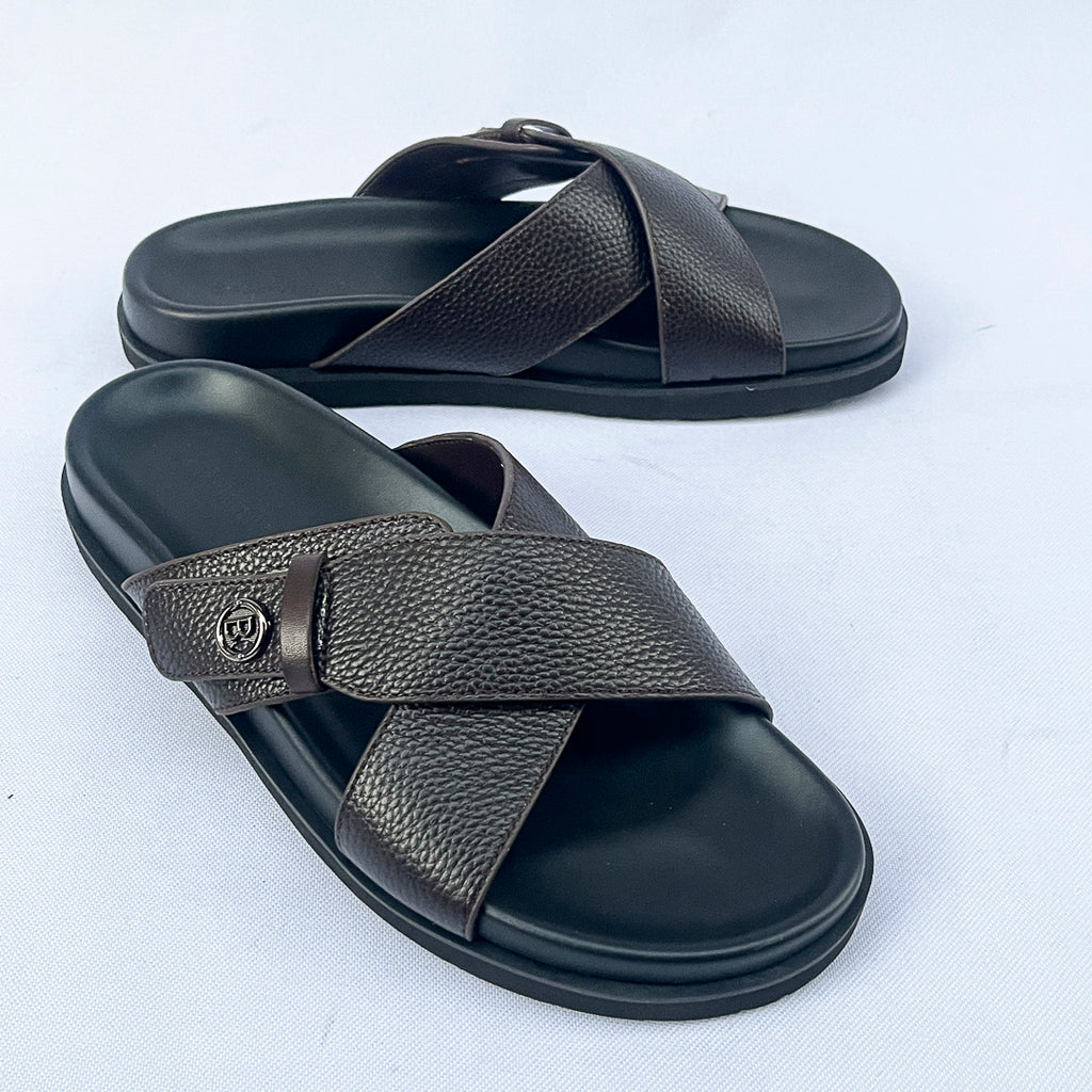 Prestige Grain Leather Cross Slide – Dark Brown
