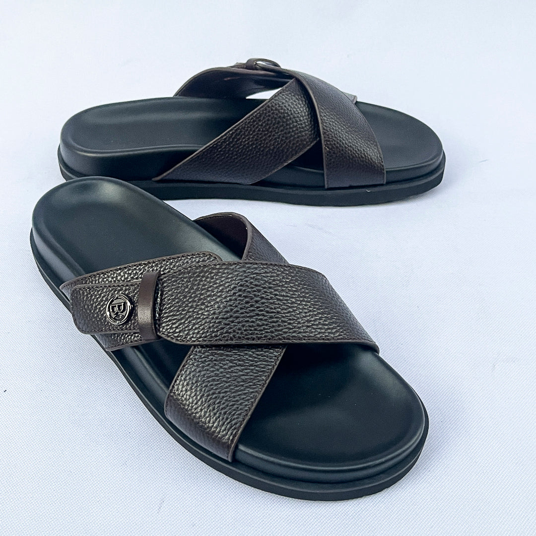 Prestige Grain Leather Cross Slide – Dark Brown