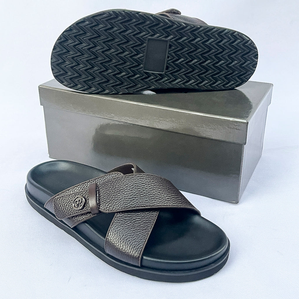 Prestige Grain Leather Cross Slide – Dark Brown