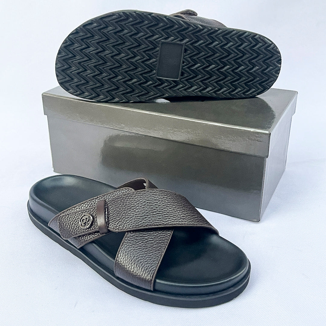 Prestige Grain Leather Cross Slide – Dark Brown