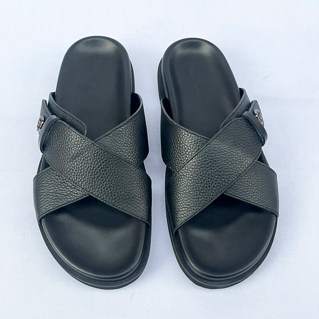 Prestige Grain Leather Cross Slide – Black