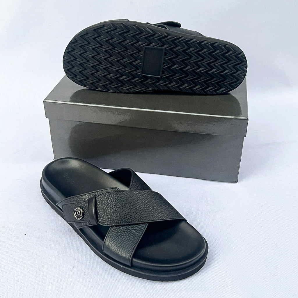 Prestige Grain Leather Cross Slide – Black