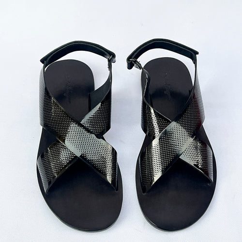 Aurelio Perforated Patent Cross Sandal – Black