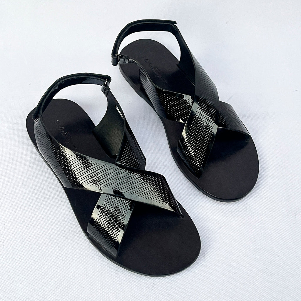 Aurelio Perforated Patent Cross Sandal – Black