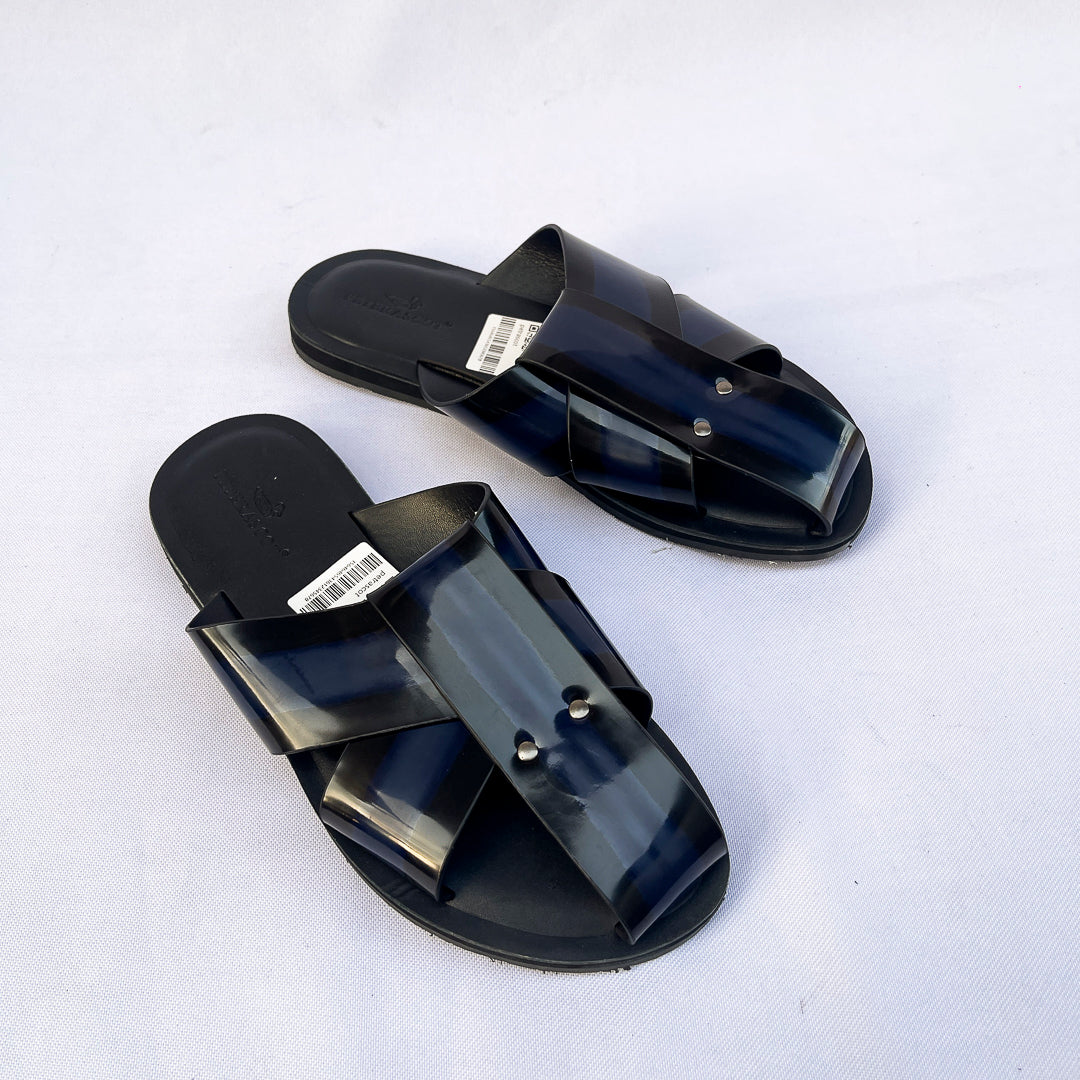 Sovereign Cross-Strap Leather Slide – Navy Blue