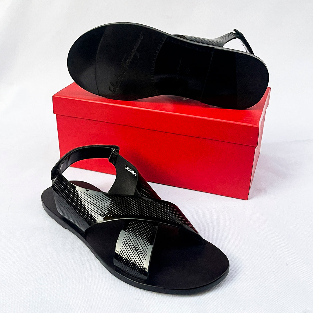 Aurelio Perforated Patent Cross Sandal – Black