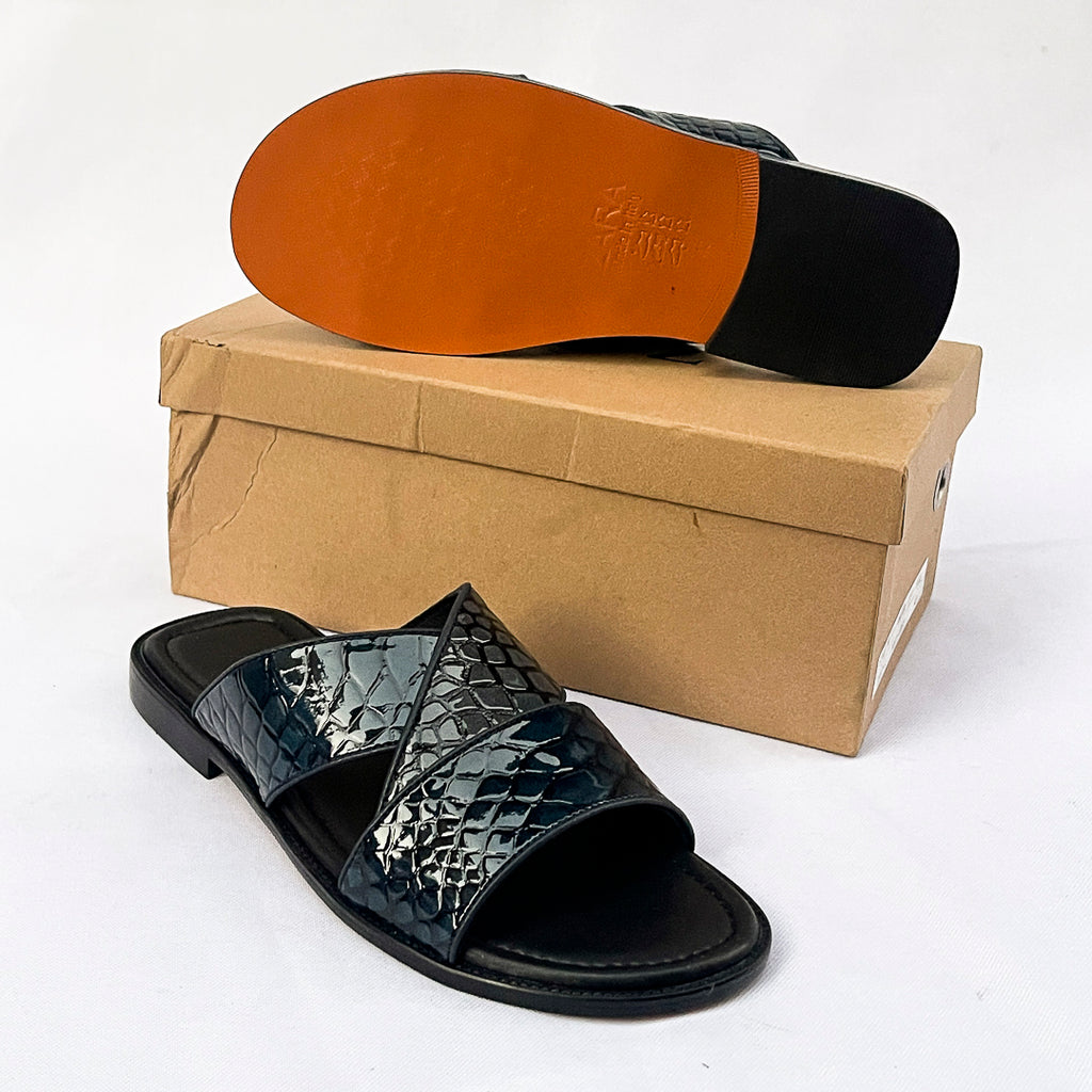 Cairo Croc-Print Cross Leather Slide – Black