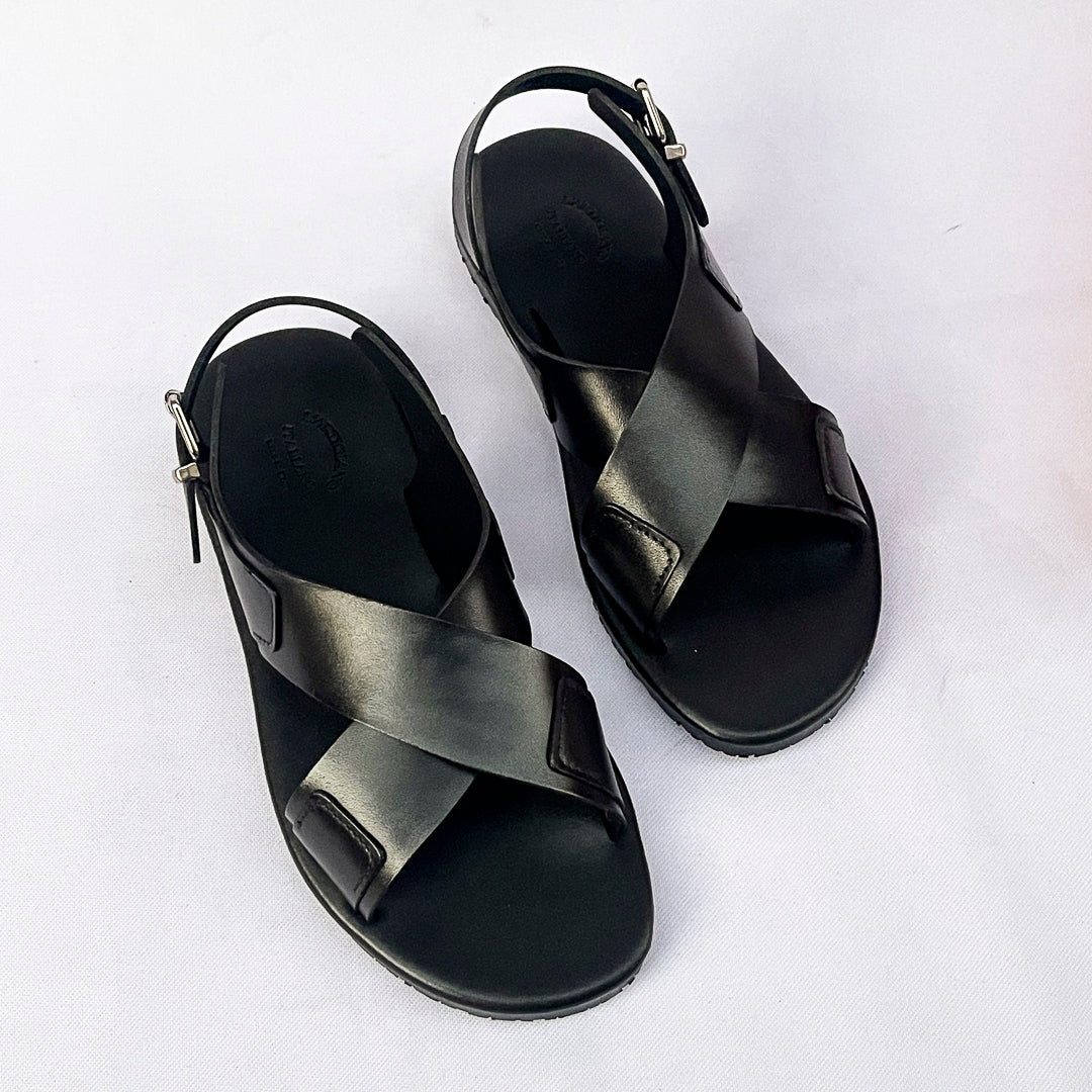 Sorrento Cross-Strap Back-Strap Leather Sandal – Black