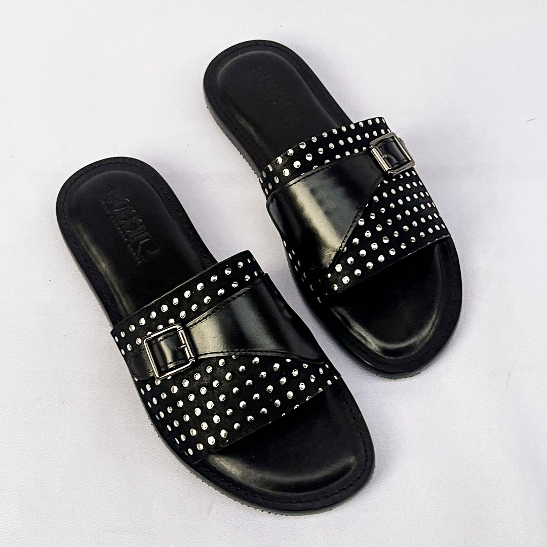 Stellar Studded Monk-Strap Leather Slide – Black