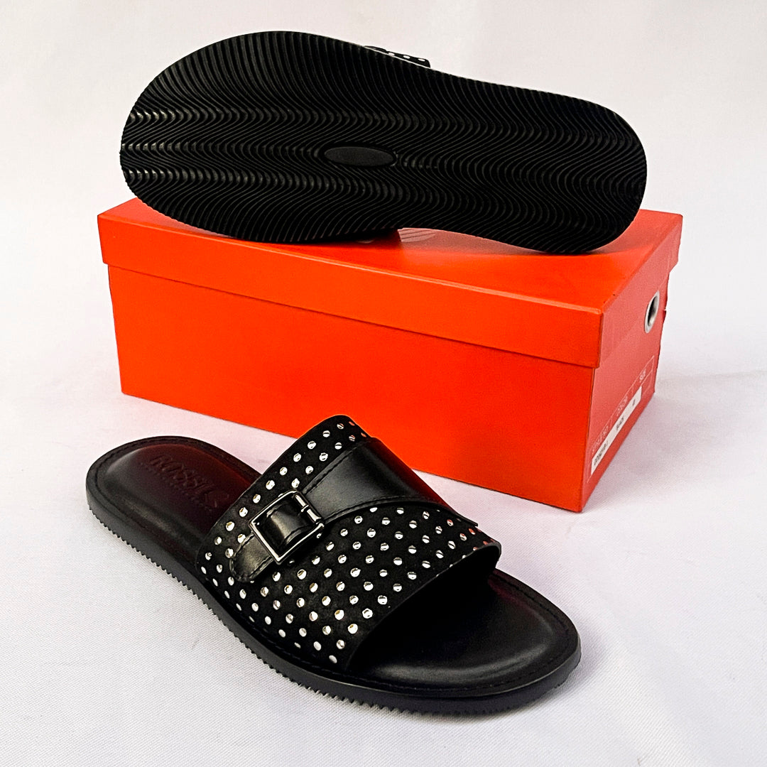 Stellar Studded Monk-Strap Leather Slide – Black