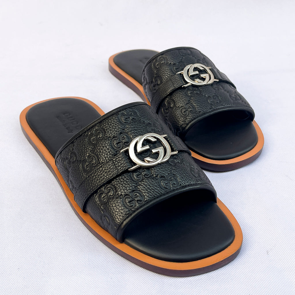 Embossed Single-Strap Slides - Black