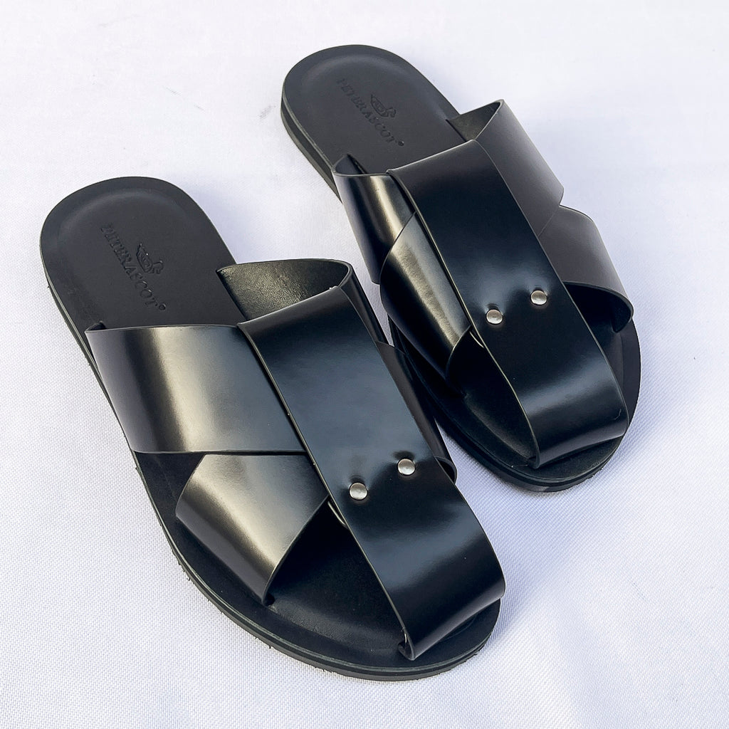 Sovereign Cross-Strap Leather Slide – Black