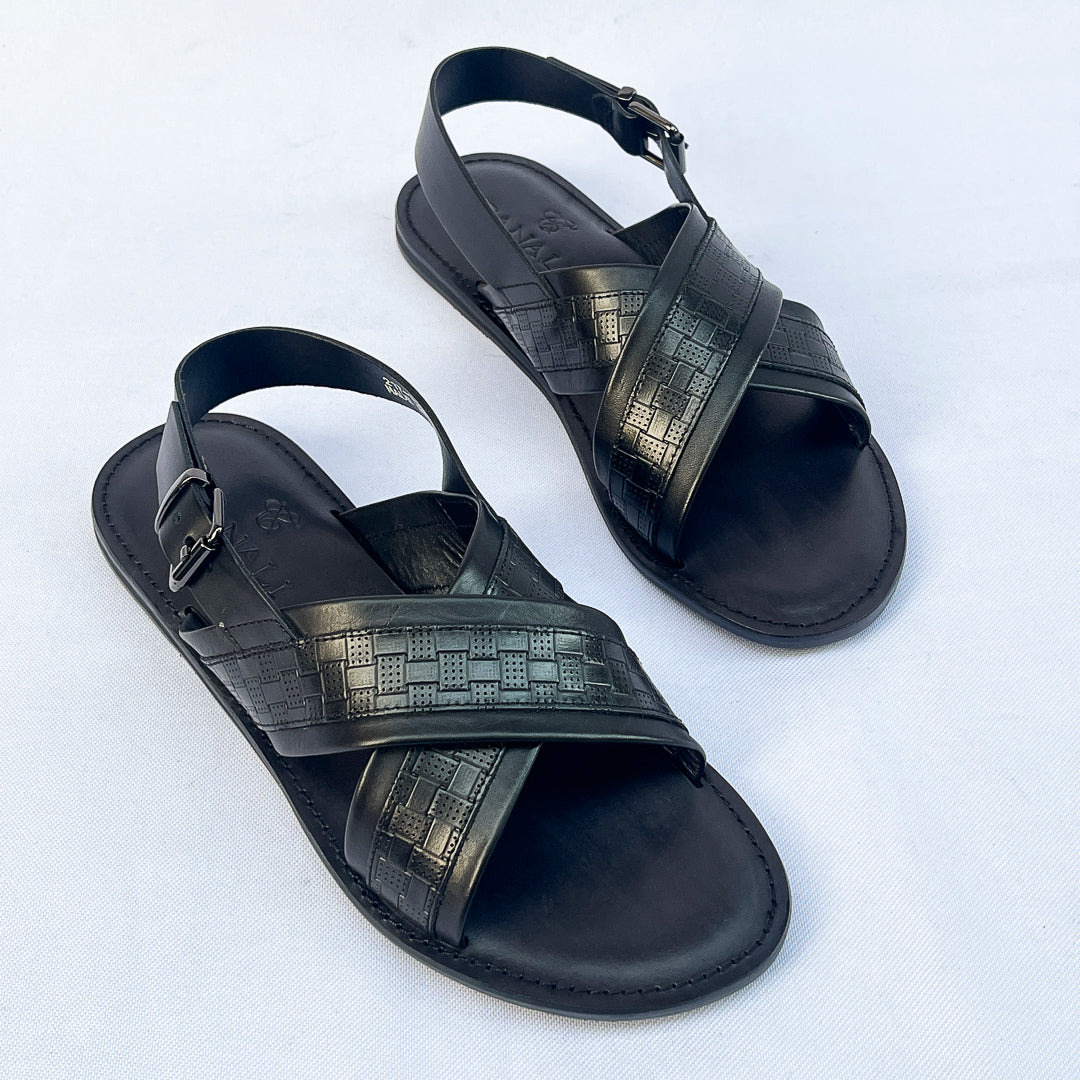 Riviera Woven-Print Cross Sandal – Black