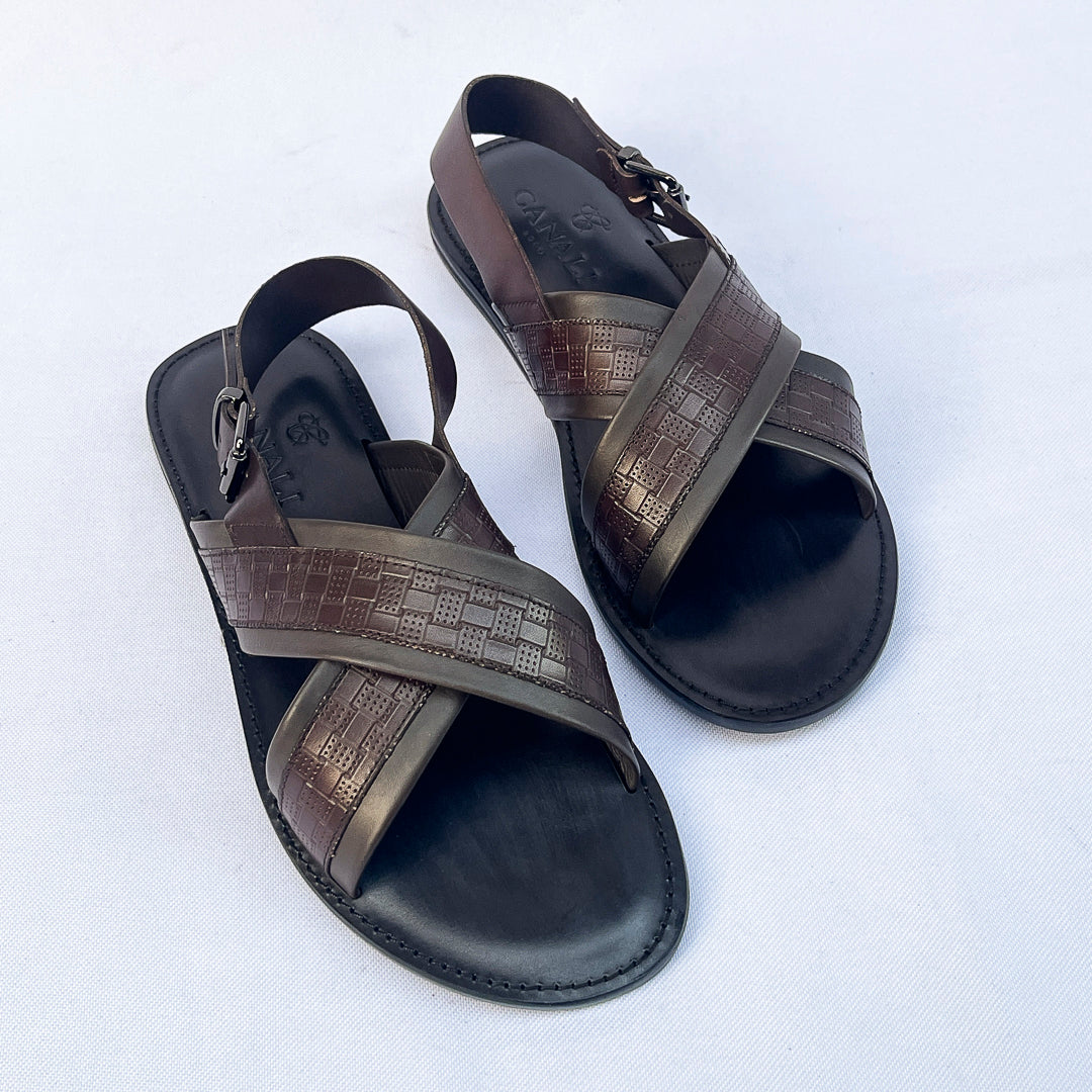 Riviera Woven-Print Cross Sandal – Dark Brown