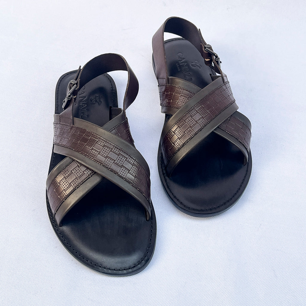 Riviera Woven-Print Cross Sandal – Dark Brown