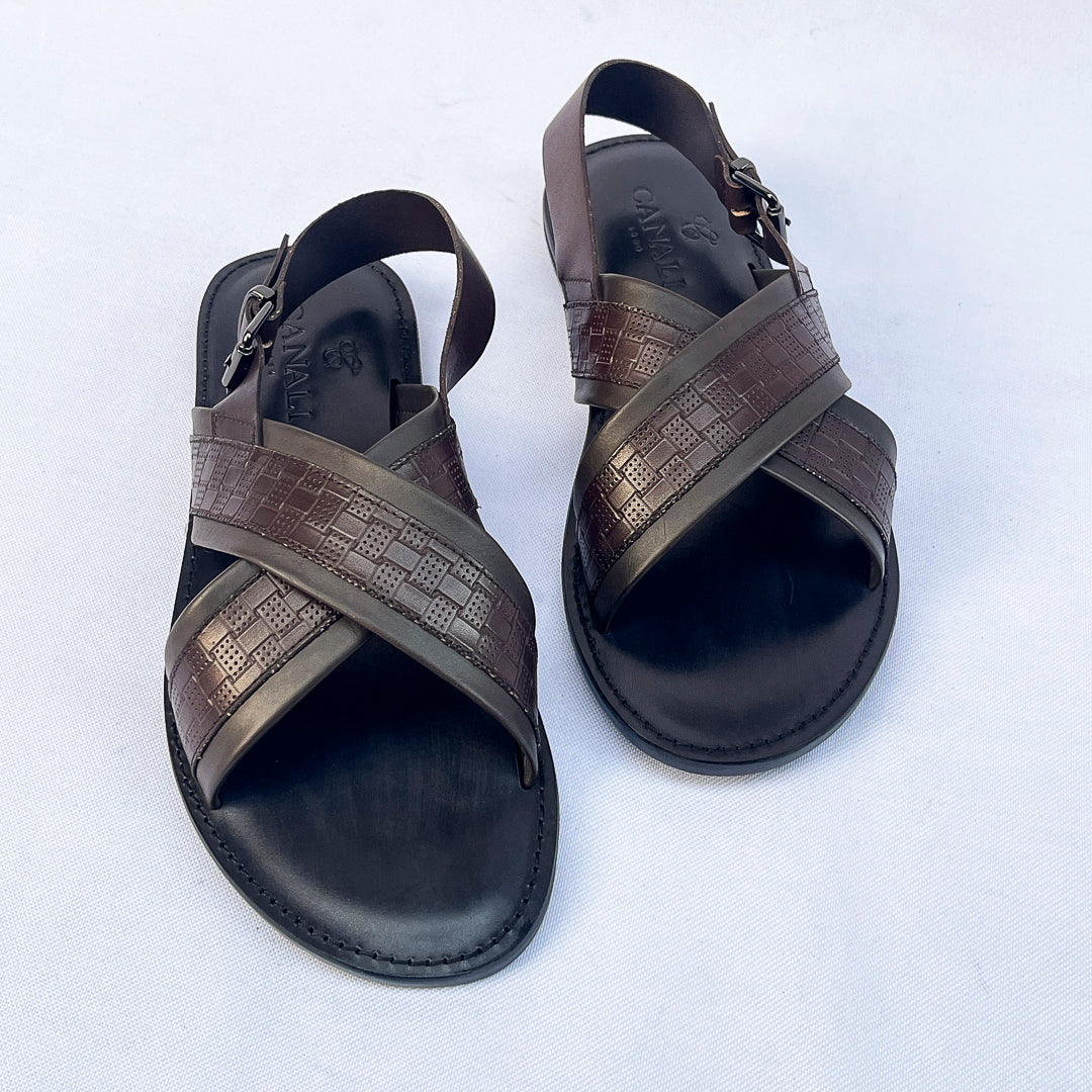 Riviera Woven-Print Cross Sandal – Dark Brown