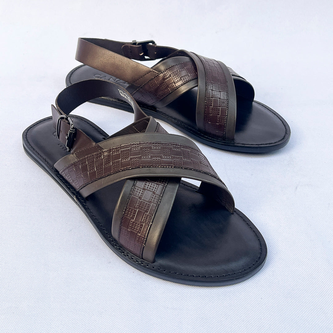 Riviera Woven-Print Cross Sandal – Dark Brown