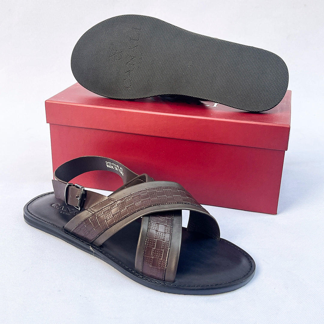 Riviera Woven-Print Cross Sandal – Dark Brown