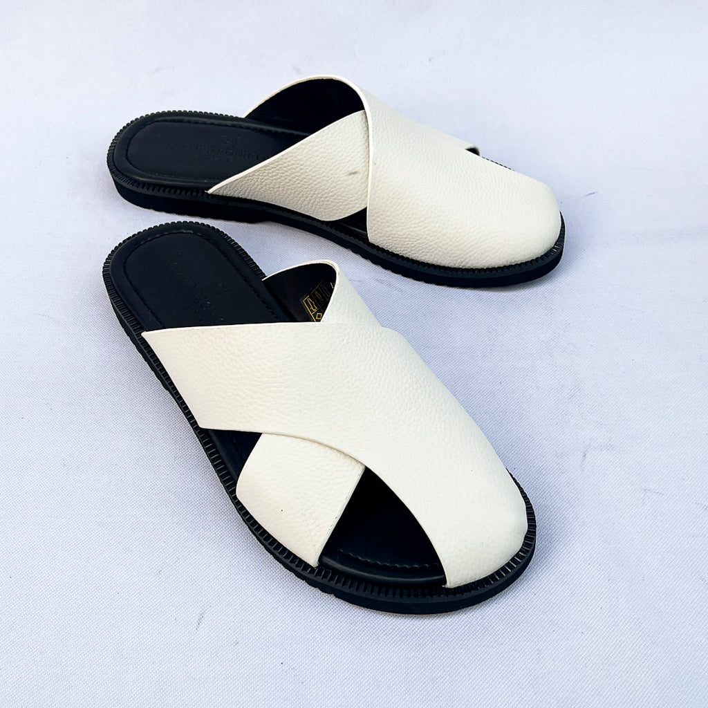 Santorini Cross-Strap Leather Slide – White