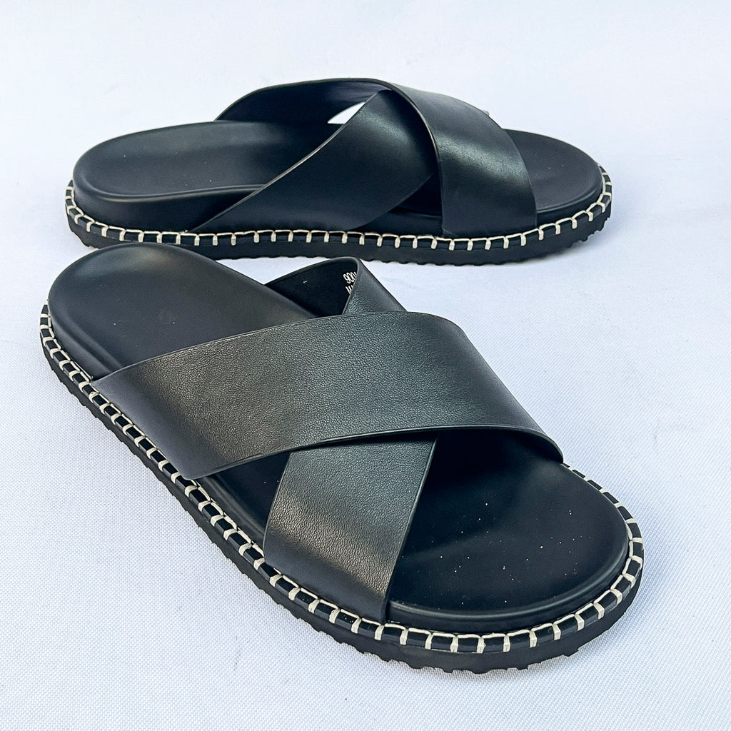 Havana Stitch-Trim Cross Leather Slide – Black