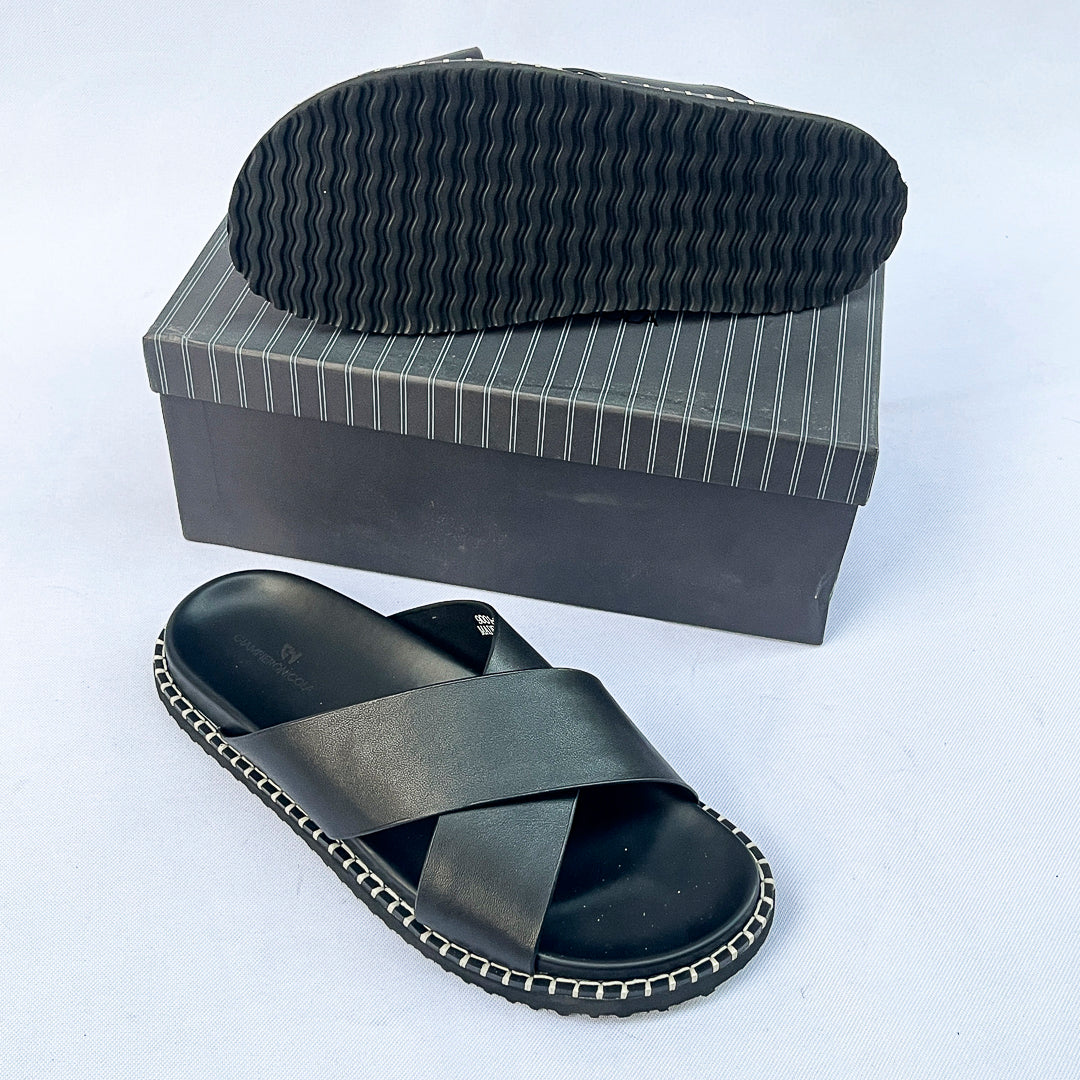 Havana Stitch-Trim Cross Leather Slide – Black