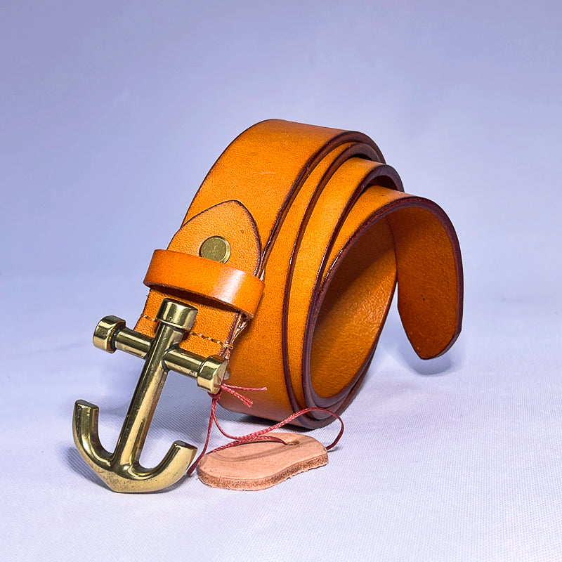 Men's Genuine Tan Leather Belt – Gold Anchor Buckle