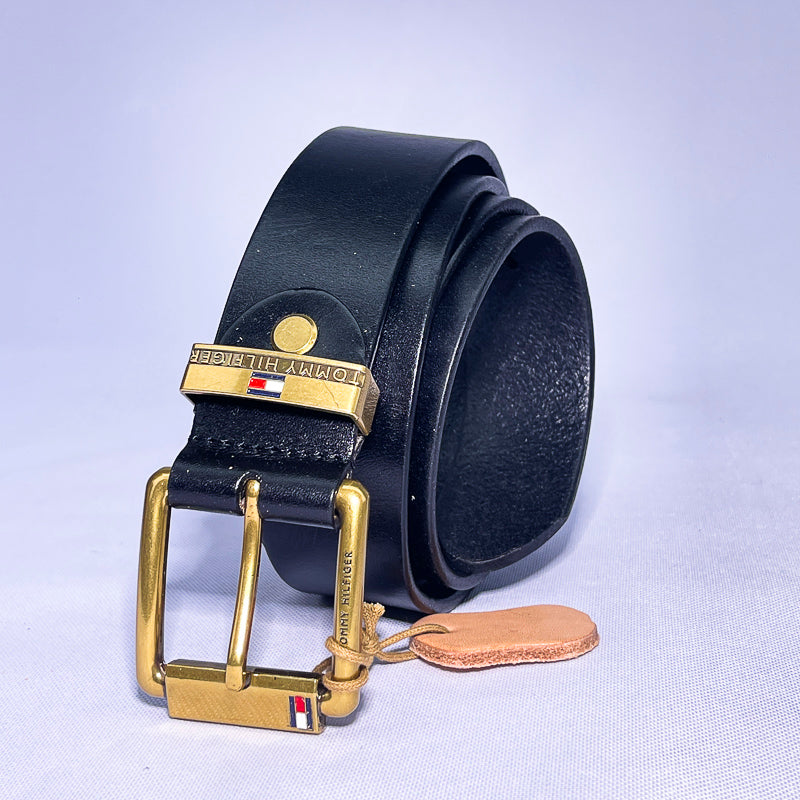 Men's TH Genuine Black Leather Belt – Gold Buckle