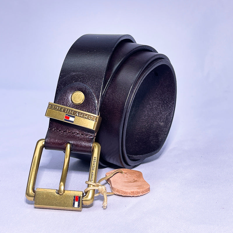 Men's TH Genuine Brown Leather Belt – Gold Buckle