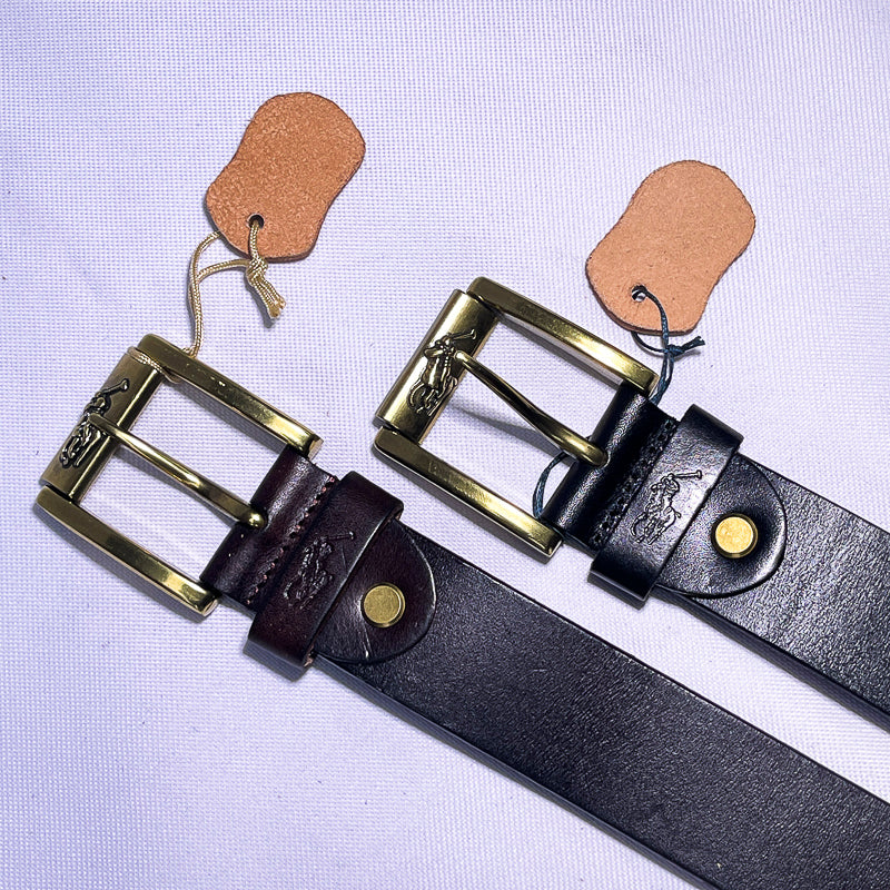 Men's PRL Genuine Brown Leather Belt – Gold Classic Buckle
