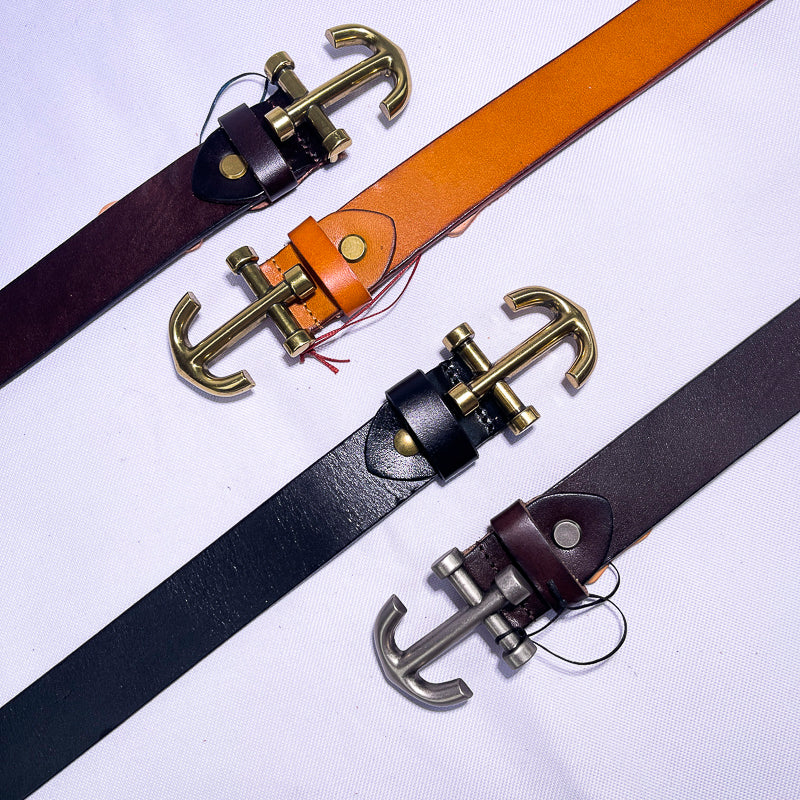 Men's Genuine Brown Leather Belt – Gold Anchor Buckle