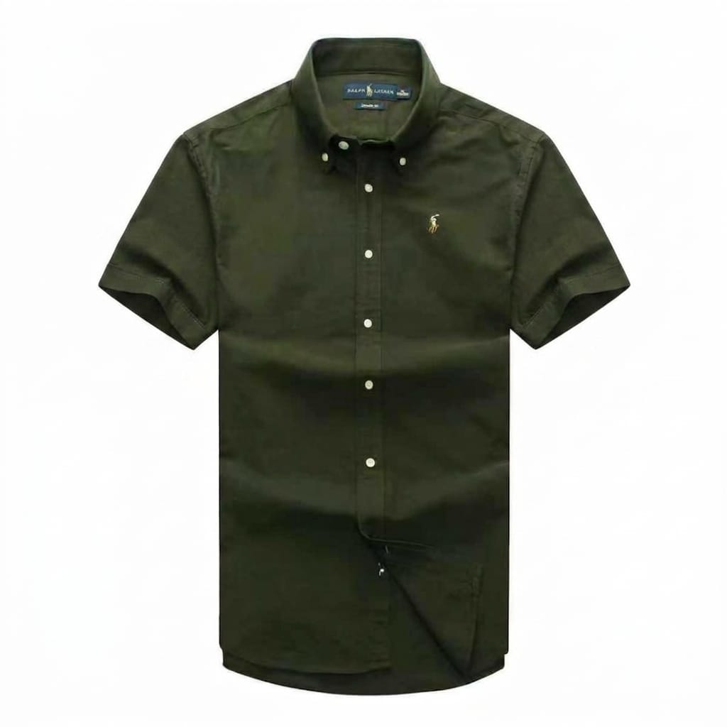 Olive Green Short-Sleeve Cotton Shirt