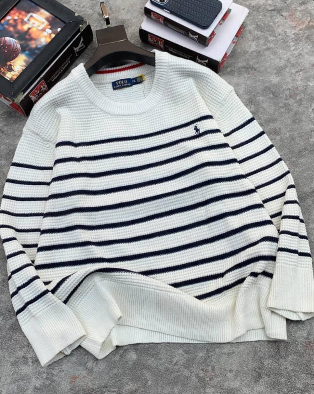 Men's Striped Knit Sweater – White Navy